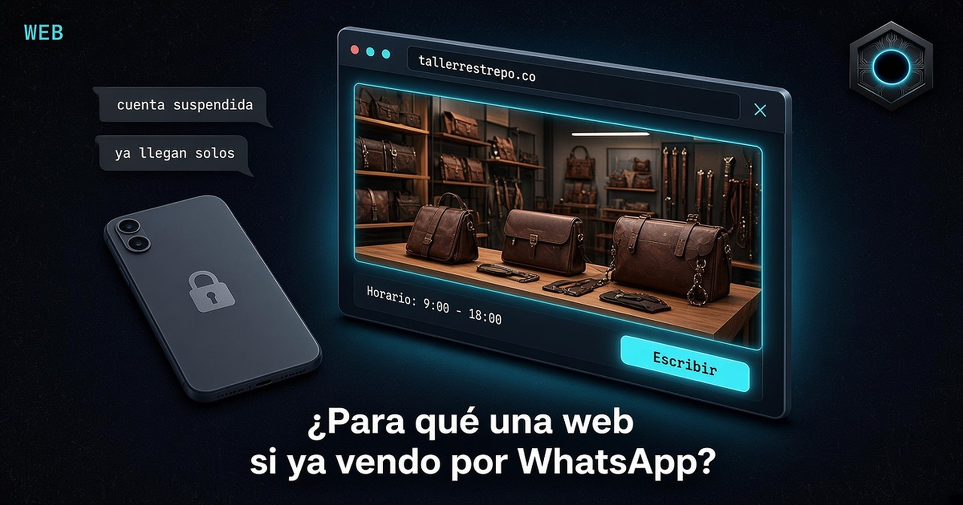 Infografía de contraste. Izquierda, un celular con candado y globos de chat que dicen «cuenta suspendida» y «ya llegan solos». Derecha, el sitio propio tallerrestrepo.co con catálogo de marroquinería, horario y botón Escribir. Título: ¿Para qué una web si ya vendo por WhatsApp?